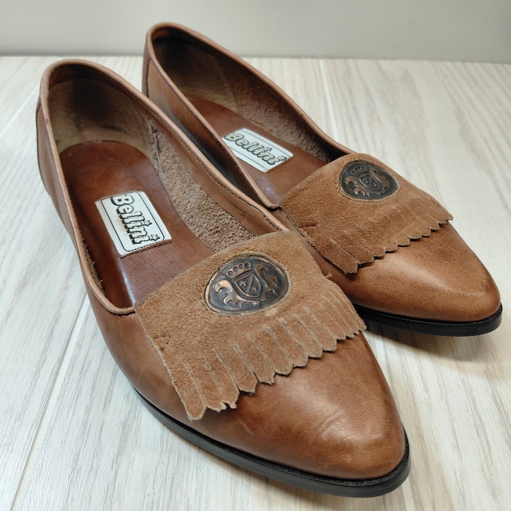 Vintage Bellini Lady Size 6.5 Brown Leather Medallion Detail Slip-on Loafer Shoe